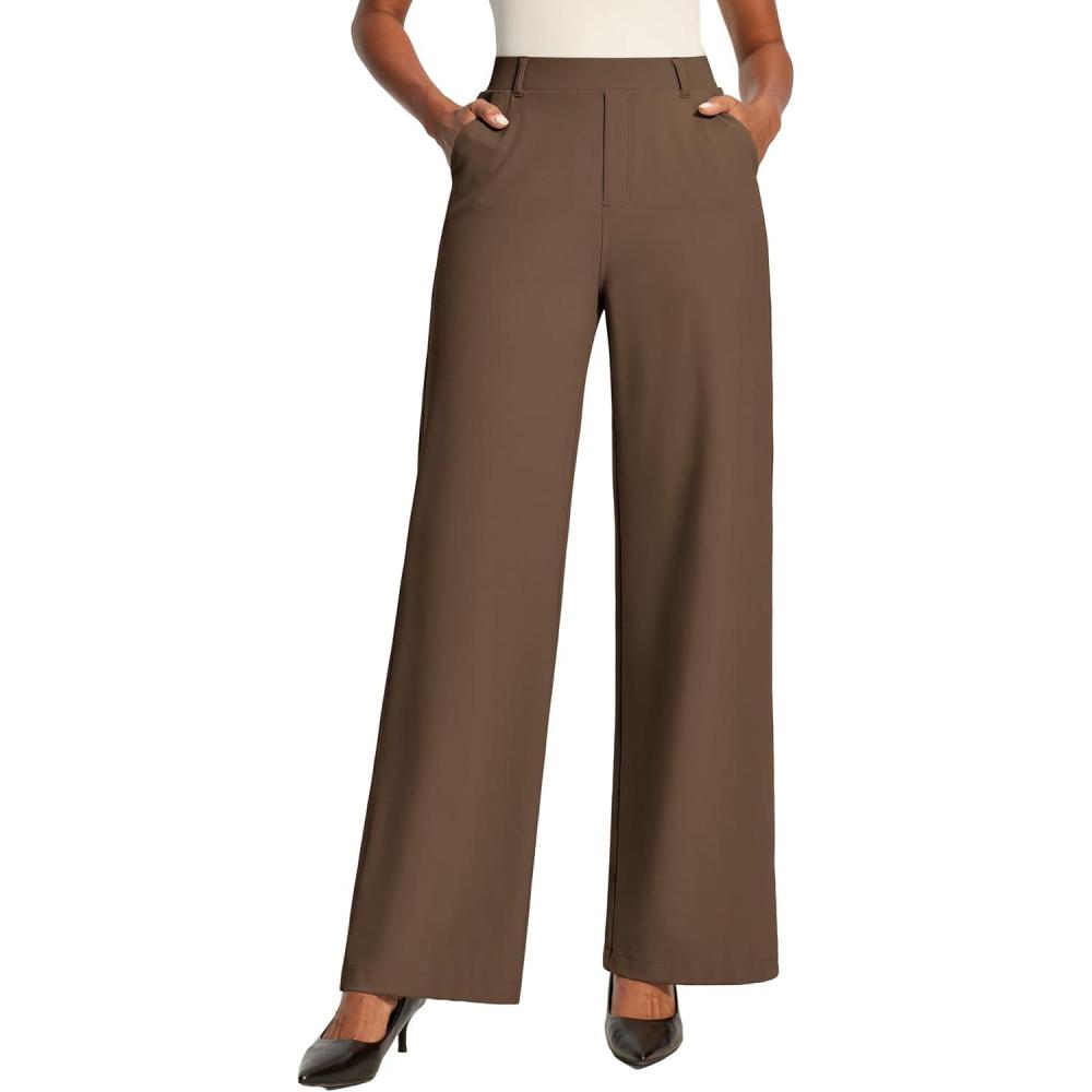 image:imageIUGA Womens Dress Pants Wide Leg Pull On Work Pants Women Stretchy High Waisted Business Casual Trousers Slacks with PocketsBrown