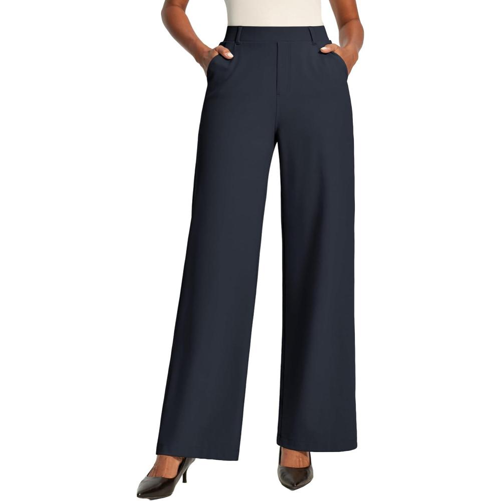 image:imageIUGA Womens Dress Pants Wide Leg Pull On Work Pants Women Stretchy High Waisted Business Casual Trousers Slacks with PocketsMidnight Blue