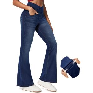 IUGA Stretchy Jeans for Women Bell Bottom Jeans V Cross High Waisted Jeggings Pull On Wide Leg Sweatpant Jean Flare Leggings(Whiskers Dark Wash)