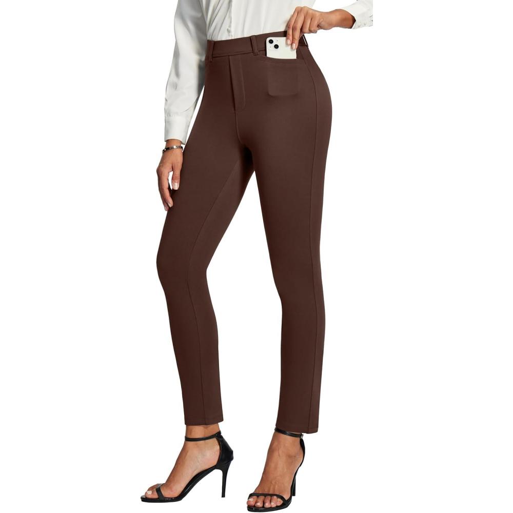 image:imageIUGA Stretchy Work Pants Women Pull On Skinny Ponte Dress Pants Slim Fit Office Teacher Business Casual Outfits with PocketsBrown