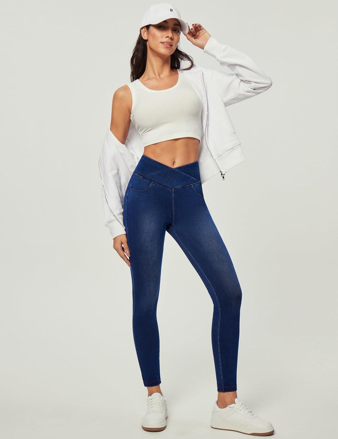 image:imageIUGA Stretchy Skinny Jeans for Women High Waist Pull on Jeggings Sweatpant Jeans Tummy Control Jean Leggings with PocketsDark Blue