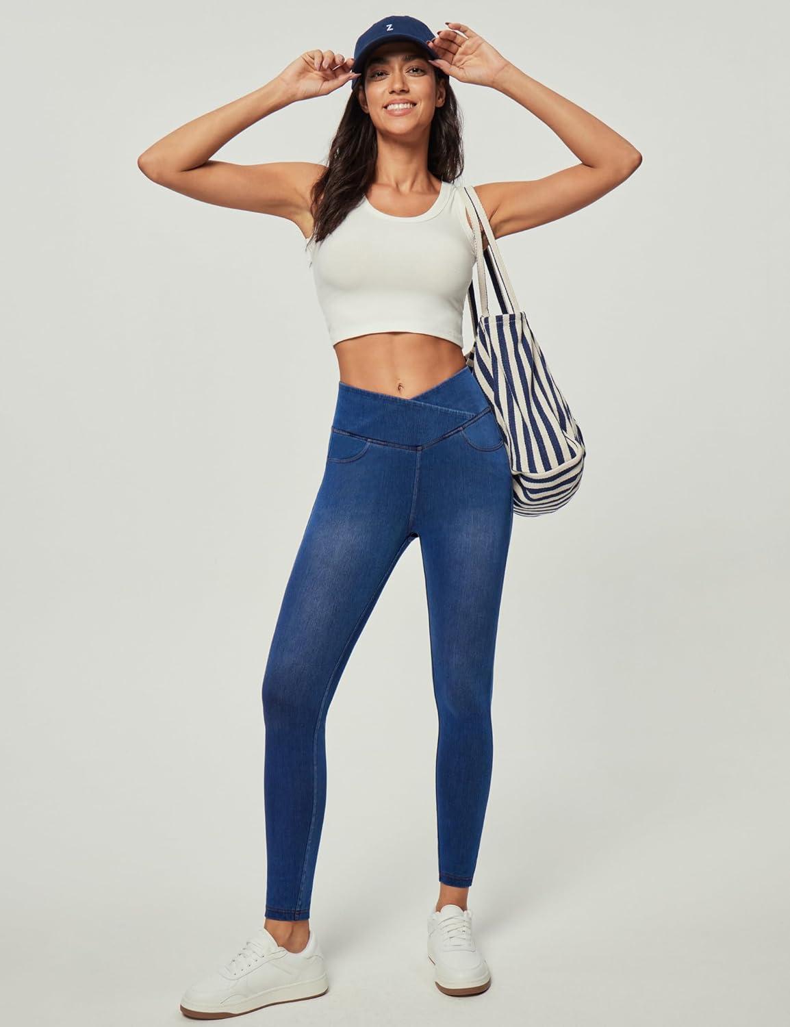 image:imageIUGA Stretchy Skinny Jeans for Women High Waist Pull on Jeggings Sweatpant Jeans Tummy Control Jean Leggings with PocketsLight Blue