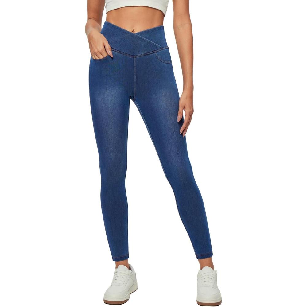 image:imageIUGA Stretchy Skinny Jeans for Women High Waist Pull on Jeggings Sweatpant Jeans Tummy Control Jean Leggings with PocketsLight Blue