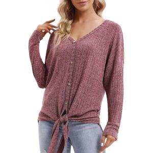 IUGA Long Sleeve Tee Shirts for Women V Neck Fall Tops Tie Knot Off The Shoulder Tops Work Casual Womens Blouse Sweatshirt