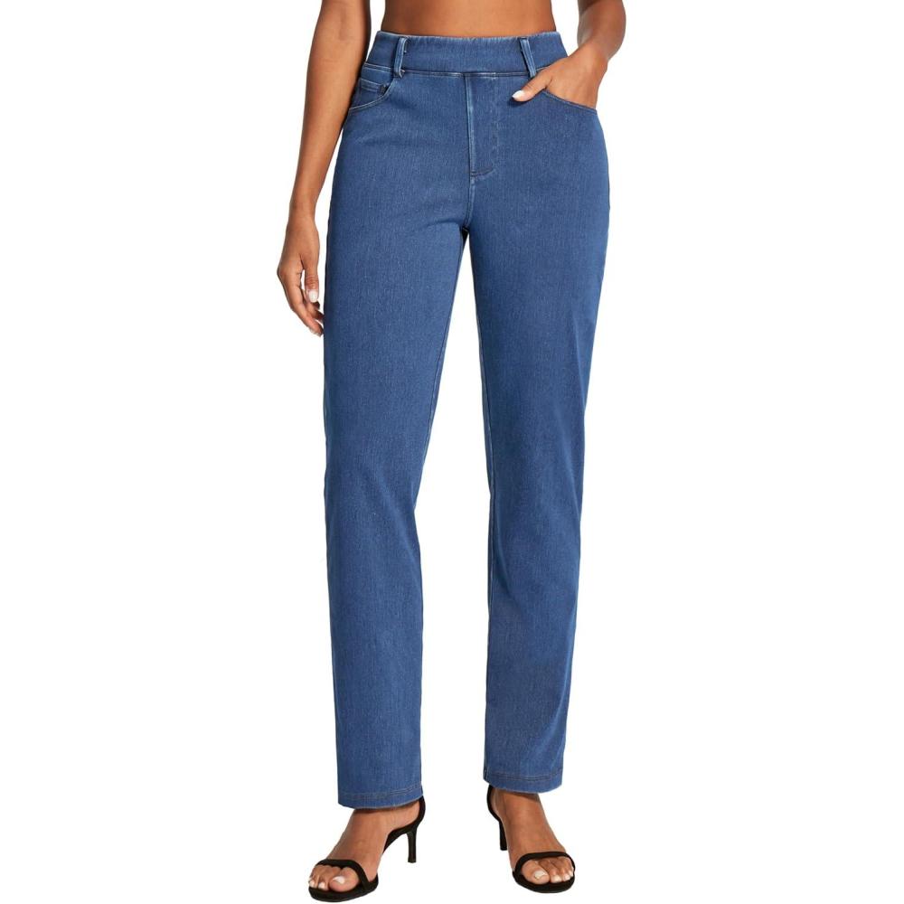 image:imageIUGA Straight Leg Jeans for Women Stretchy Pull On Sweatpant Jeans Women High Waisted Bootcut Jean Trendy Denim PantsLight Blue