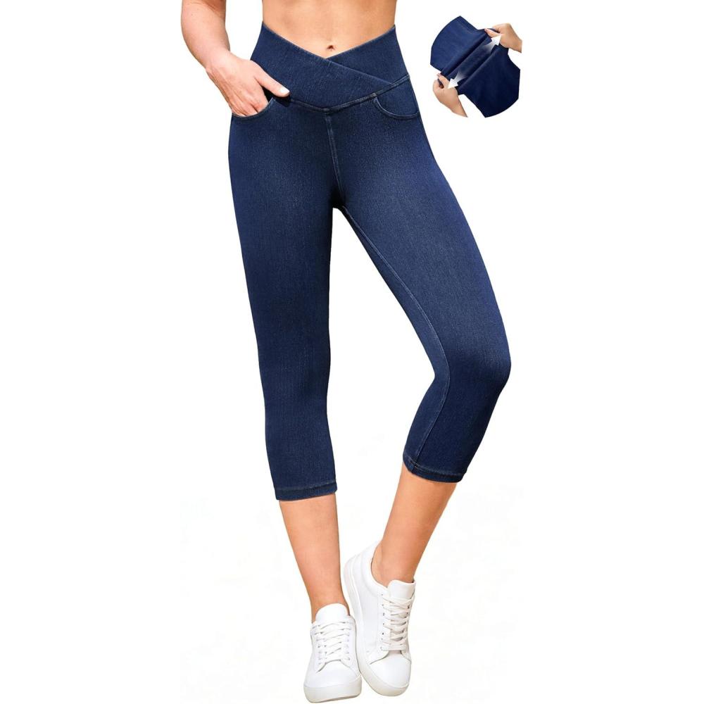 image:imageIUGA Stretchy Capri Jeans for Women Pull On Jeggings Tummy Control Jean Capris Pants Capri Leggings for Women with PocketsDark Blue