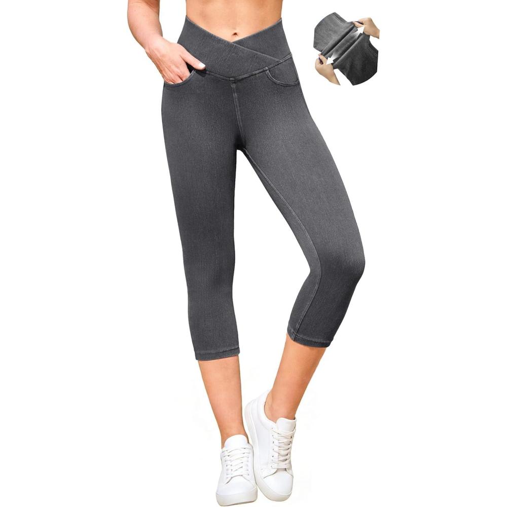 image:imageIUGA Stretchy Capri Jeans for Women Pull On Jeggings Tummy Control Jean Capris Pants Capri Leggings for Women with PocketsGray