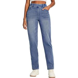 IUGA Straight Leg Jeans for Women Stretchy Pull On Sweatpant Jeans Women High Waisted Bootcut Jean Trendy Denim Pants(Whisker Vintage Blue Wash)