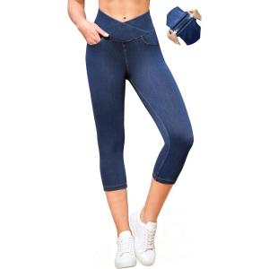 IUGA Stretchy Capri Jeans for Women Pull On Jeggings Tummy Control Jean Capris Pants Capri Leggings for Women with Pockets(Stormy Blue)