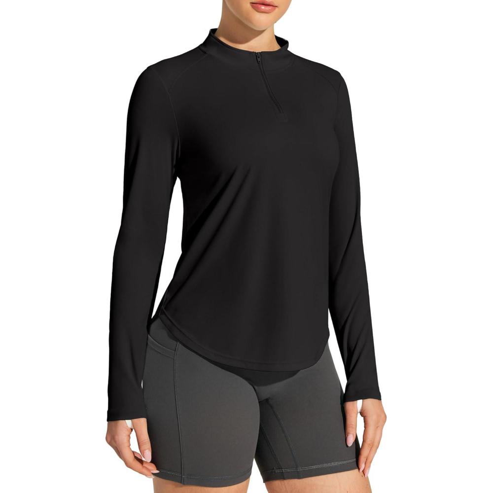 image:imageIUGA 14 Zip Womens Golf Shirt Long Sleeve Rash Guard UPF 50 Workout Tops Quick Dry Athletic Running Hiking Sun ShirtsBlack