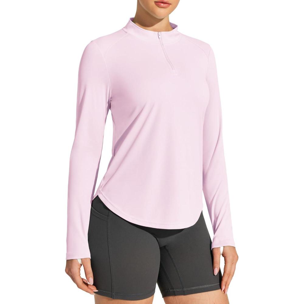image:imageIUGA 14 Zip Womens Golf Shirt Long Sleeve Rash Guard UPF 50 Workout Tops Quick Dry Athletic Running Hiking Sun ShirtsPink
