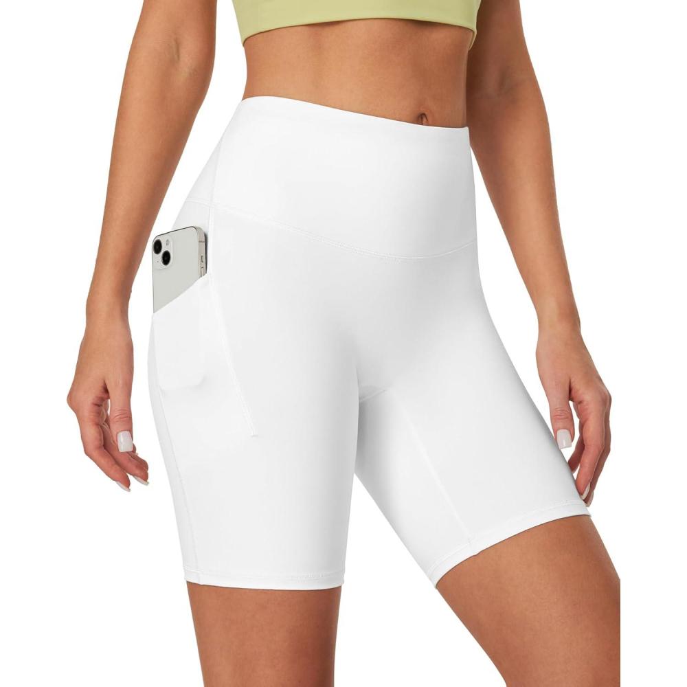 image:imageIUGA Biker Shorts Women Tummy Control 8 Workout Gym High Waisted Running Yoga Compression Spandex Shorts Women with PocketsWhite