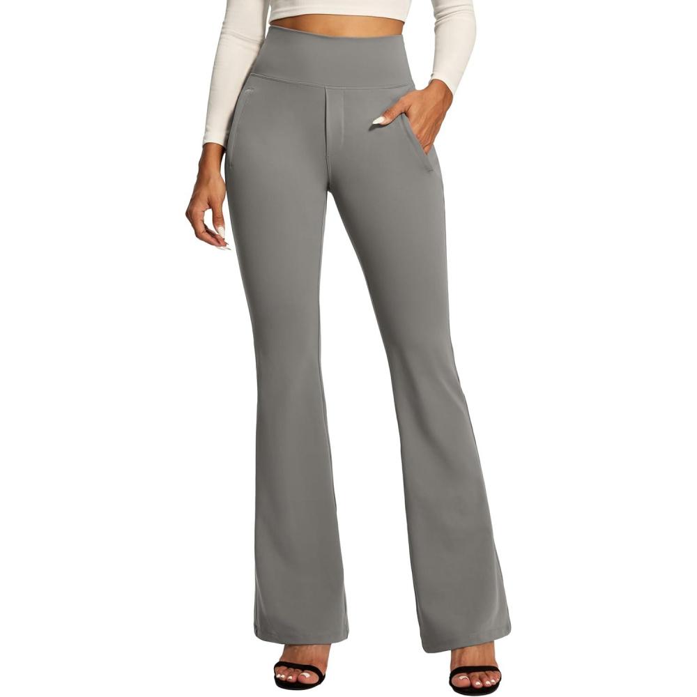 image:imageIUGA Stretchy Dress Pants Women High Waist Work Pants Business Casual Bootcut Slacks Pull On Trousers with Zipper PocketsCharcoal Gray