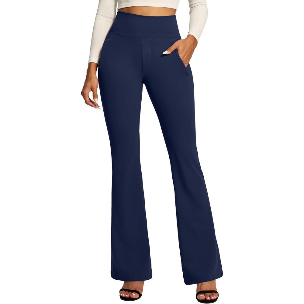 image:imageIUGA Stretchy Dress Pants Women High Waist Work Pants Business Casual Bootcut Slacks Pull On Trousers with Zipper PocketsMidnight Blue