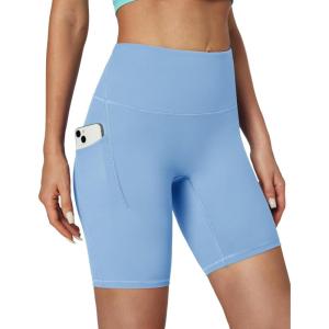 IUGA Biker Shorts Women Tummy Control 8″ Workout Gym High Waisted Running Yoga Compression Spandex Shorts Women with Pockets(Sky)
