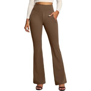 IUGA Stretchy Dress Pants Women High Waist Work Pants Business Casual Bootcut Slacks Pull On Trousers with Zipper Pockets(Mocha Brown)