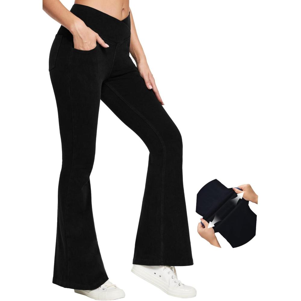 image:imageIUGA Stretchy Bell Bottom Jeans for Women Sweatpant Jeans V Cross High Waisted Jeggings Pull On Bootcut Jean Flare LeggingsBlack 31