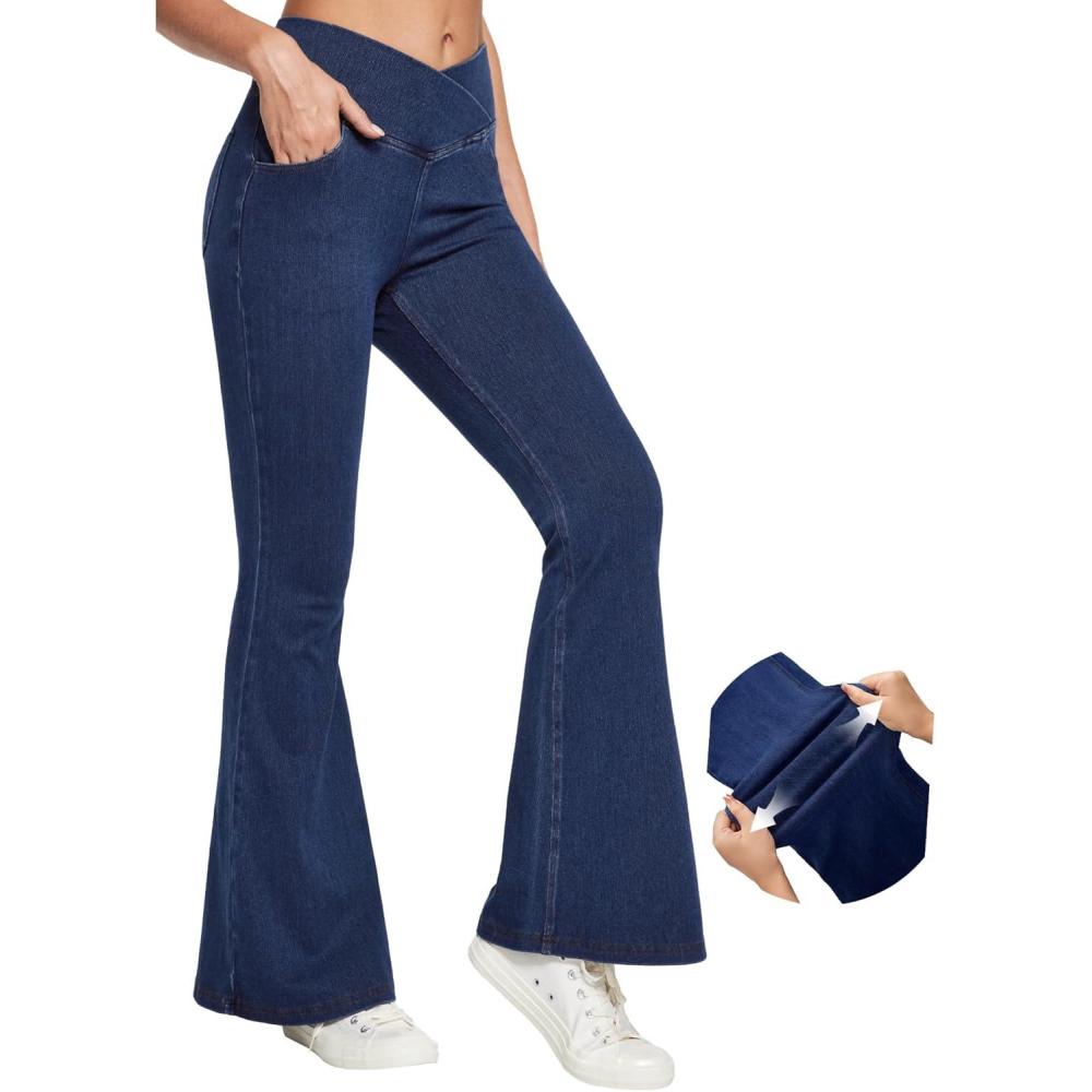 image:imageIUGA Stretchy Bell Bottom Jeans for Women Sweatpant Jeans V Cross High Waisted Jeggings Pull On Bootcut Jean Flare LeggingsDark Blue 29