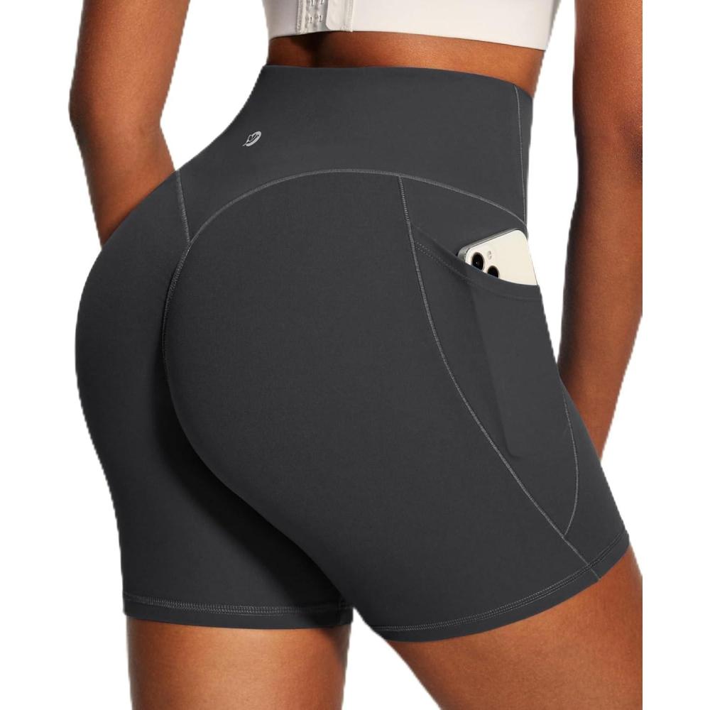 image:imageIUGA 6 Butt Lifting Biker Shorts Women with Pockets Tummy Control No Front Seam Gym Workout Shorts Scrunch Booty YogaInk Grey