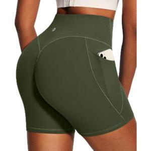 IUGA 6” Butt Lifting Biker Shorts Women with Pockets Tummy Control No Front Seam Gym Workout Shorts Scrunch Booty Yoga(Grass Grey Green)