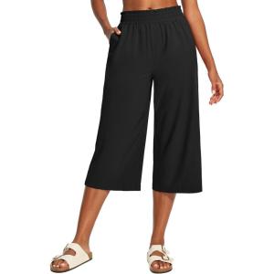 IUGA Capri Pants for Women High Waisted Wide Leg Casual Lounge Summer Pant Capris Adjustable Drawstring with Pockets(Black)