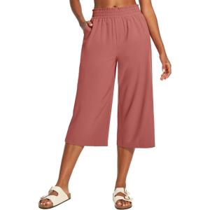 IUGA Capri Pants for Women High Waisted Wide Leg Casual Lounge Summer Pant Capris Adjustable Drawstring with Pockets(Brick Red)