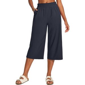 IUGA Capri Pants for Women High Waisted Wide Leg Casual Lounge Summer Pant Capris Adjustable Drawstring with Pockets(Navy)