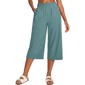 IUGA Capri Pants for Women High Waisted Wide Leg Casual Lounge Summer Pant Capris Adjustable Drawstring with Pockets(Sea Green)