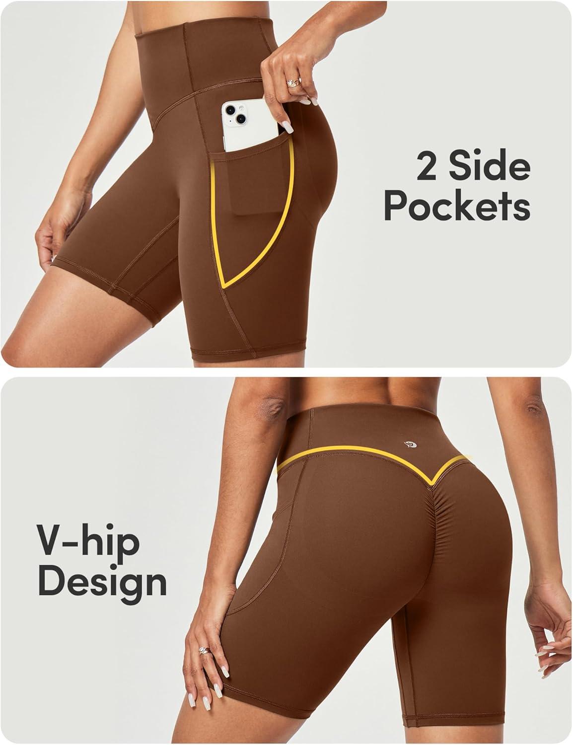 image:imageIUGA Gym Shorts Women Scrunch Butt Lifting Tummy Control Biker Shorts with Pockets High Waist Yoga Booty Workout Running 6Brown