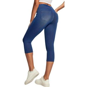 IUGA Capri Jeans for Women Stretchy Jean Capris Pull On Jeggings High Waisted Denim Capri Leggings Casual Pants with Pockets(Light Blue Monkey Wash)