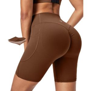 IUGA Gym Shorts Women Scrunch Butt Lifting Tummy Control Biker Shorts with Pockets High Waist Yoga Booty Workout Running 6″(Brown)