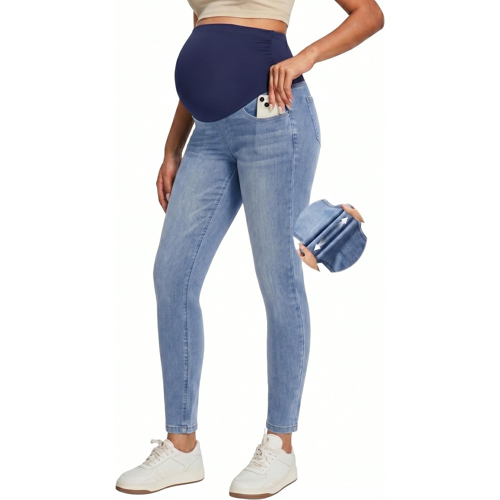 image:imageIUGA Stretchy Maternity Jeans Over Belly Skinny High Waisted Maternity Pants for Work with Pockets Comfy Maternity ClothesWhiskers Light Wash